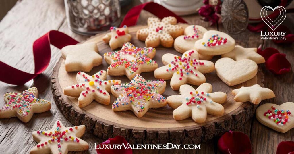 Classic Valentine Spritz Cookies : Classic spritz cookies in various shapes like flowers, stars, and hearts, arranged on a wooden table with Valentine's decorations such as a red ribbon and rose petals | Luxury Valentine's Day