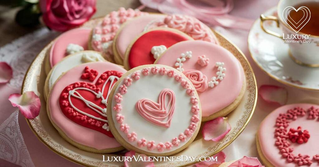 Classic Valentine Sugar Cookies : Classic sugar cookies displayed on an elegant plate, decorated with colorful icing in shades of pink, red, and white, surrounded by rose petals and a cup of tea | Luxury Valentine's Day