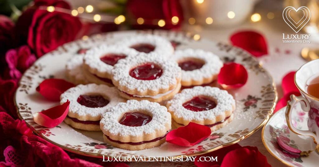 Classic Valentine Thumbprint Cookies : Classic thumbprint cookies with red raspberry jam, arranged on a wooden table with a red ribbon, rose petals, and fresh raspberries | Luxury Valentine's Day