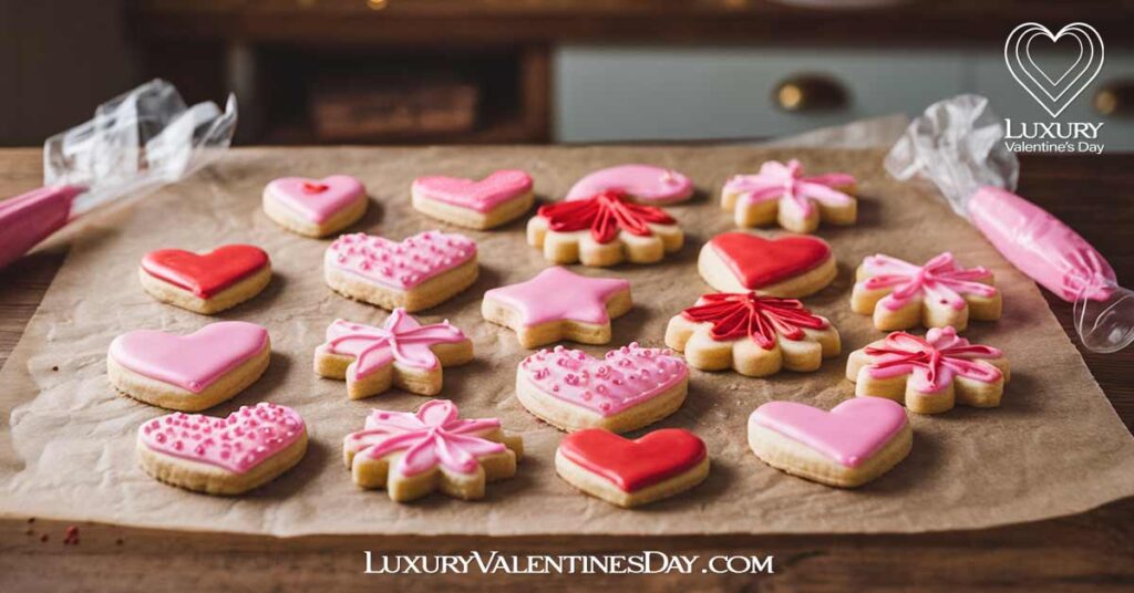 Classic Valentine Vanilla Cutout Cookies : Classic vanilla cutout cookies decorated with pink and red royal icing, placed on parchment paper with icing bags and sprinkles in a cozy kitchen setting | Luxury Valentine's Day