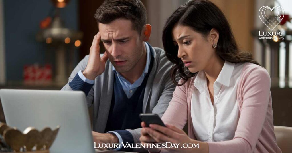 Common Pitfalls to Avoid Valentine's Day Budget : Couple frustrated while trying to make last-minute Valentine's reservations | Luxury Valentine's Day