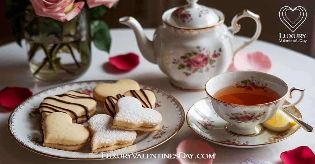 Drink to Go with Shortbread Biscuits : Heart-shaped shortbread biscuits paired with a cup of English tea in a romantic table setting. | Luxury Valentine's Day