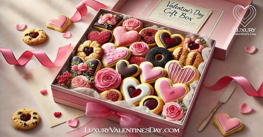 Gifting and Presentation Tips for Valentine's Day Cookies : Valentine's Day cookie gift box with decorative accents. | Luxury Valentine's Day