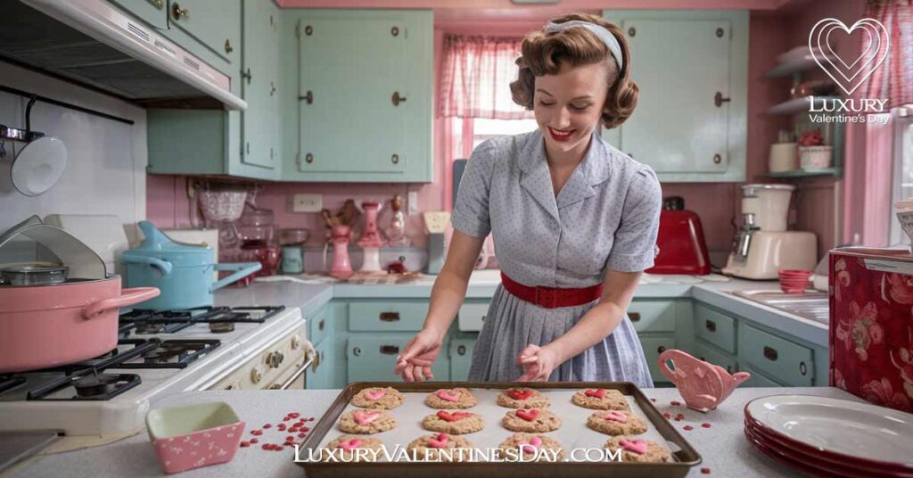 History of Valentine's Day Cookies : 950s housewife baking Valentine's oatmeal cookies in a retro kitchen. | Luxury Valentine's Day