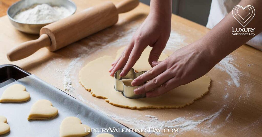 Mastering the Perfect Shortbread Cookie : Baker pressing shortbread dough into heart shapes on a floured wooden countertop. | Luxury Valentine's Day