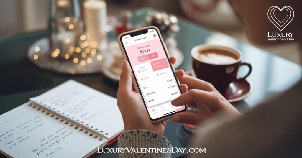 Set Your Valentine'sDay Budget : Person using a phone budgeting app to plan Valentine's Day expenses | Luxury Valentine's Day