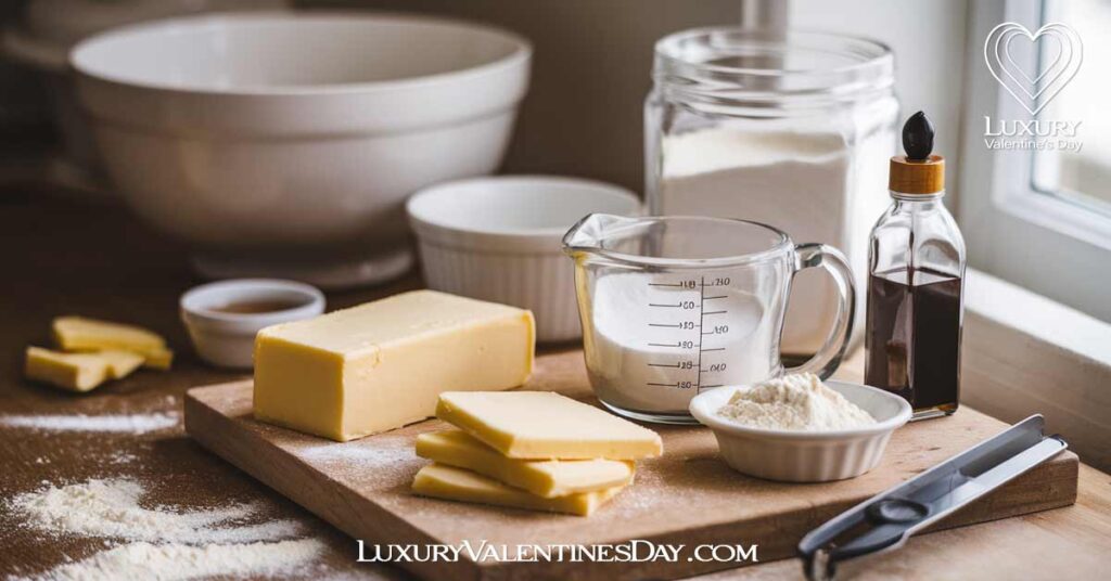 Shortbread Cookies Ingredients : Close-up of classic shortbread ingredients on a wooden board, including butter, sugar, flour, and vanilla extract. | Luxury Valentine's Day