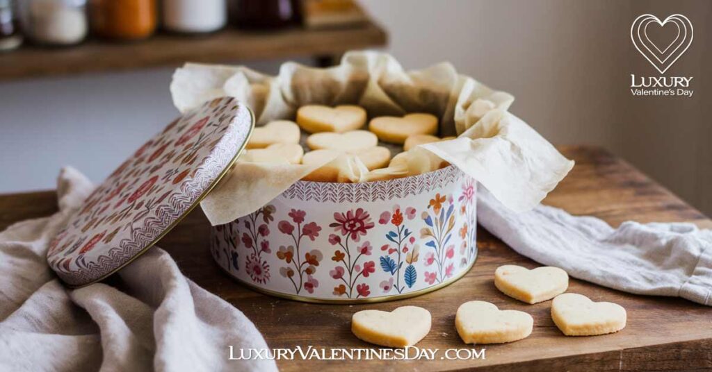 Storage for Shortbread Cookies : Heart-shaped shortbread cookies stored in a decorative tin lined with parchment paper on a kitchen countertop. | Luxury Valentine's Day