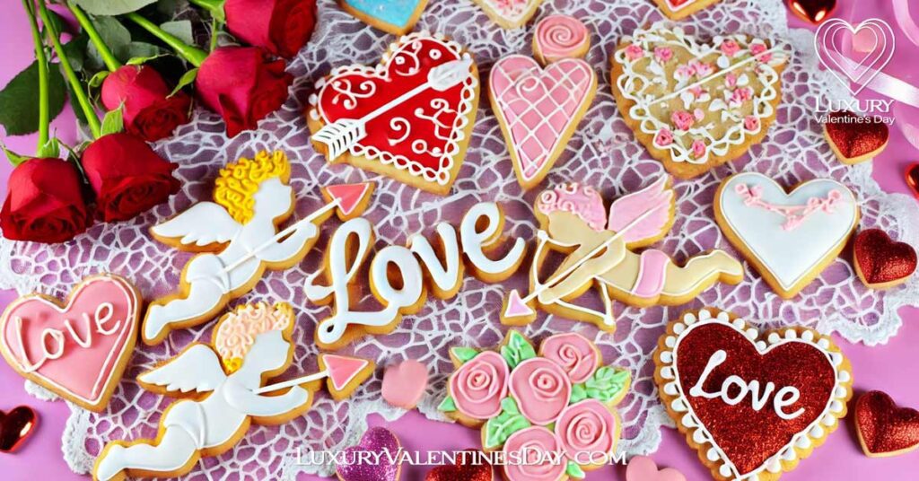 Types of Valentine's Day Cookies : Assortment of novelty Valentine's Day cookies on a festive table. | Luxury Valentine's Day