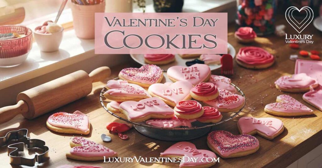 Valentine's Day Cookies : Valentine's Day cookies on a cozy kitchen table with baking tools. | Luxury Valentine's Day