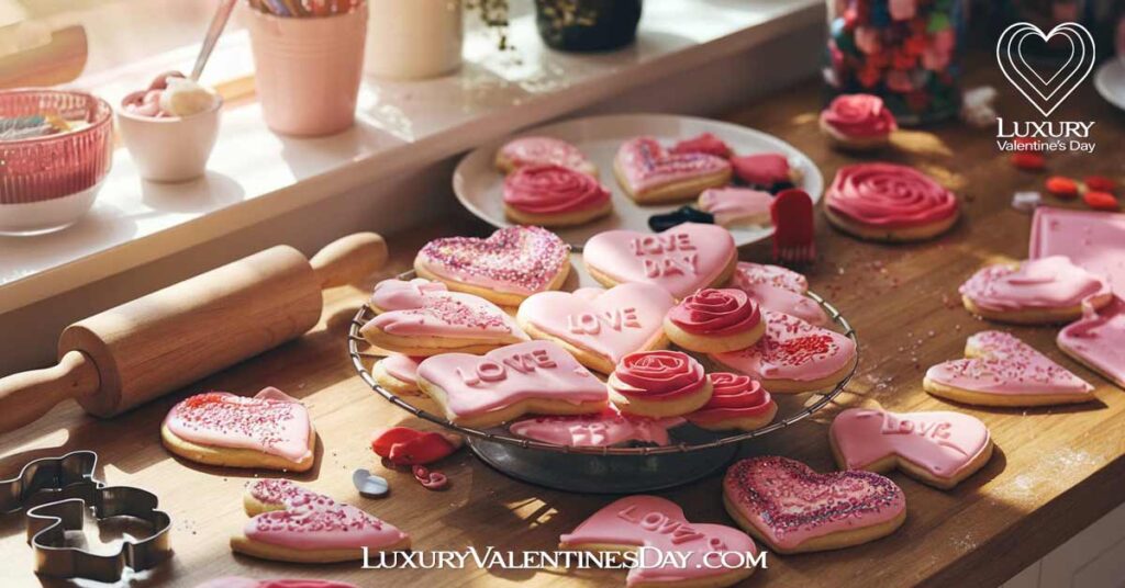 Valentine's Day Cookies : Valentine's Day cookies on a cozy kitchen table with baking tools. | Luxury Valentine's Day