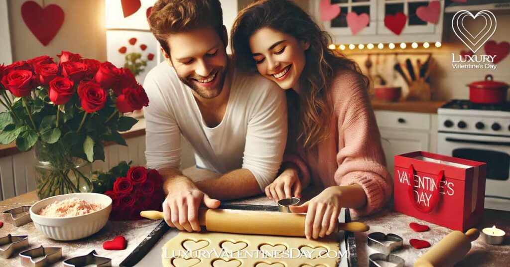 Valentine's Day Cookies as a Romantic Activity : Couple baking Valentine's Day cookies together in a cozy kitchen | Luxury Valentine's Day