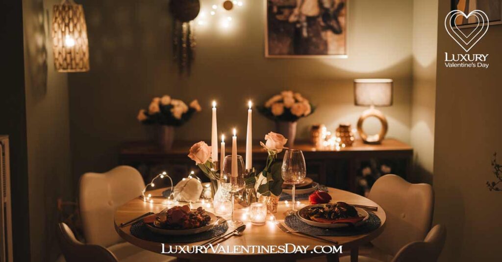 Valentine's Day on a Budget : Cozy home-cooked Valentine's dinner table with candles and string lights | Luxury Valentine's Day