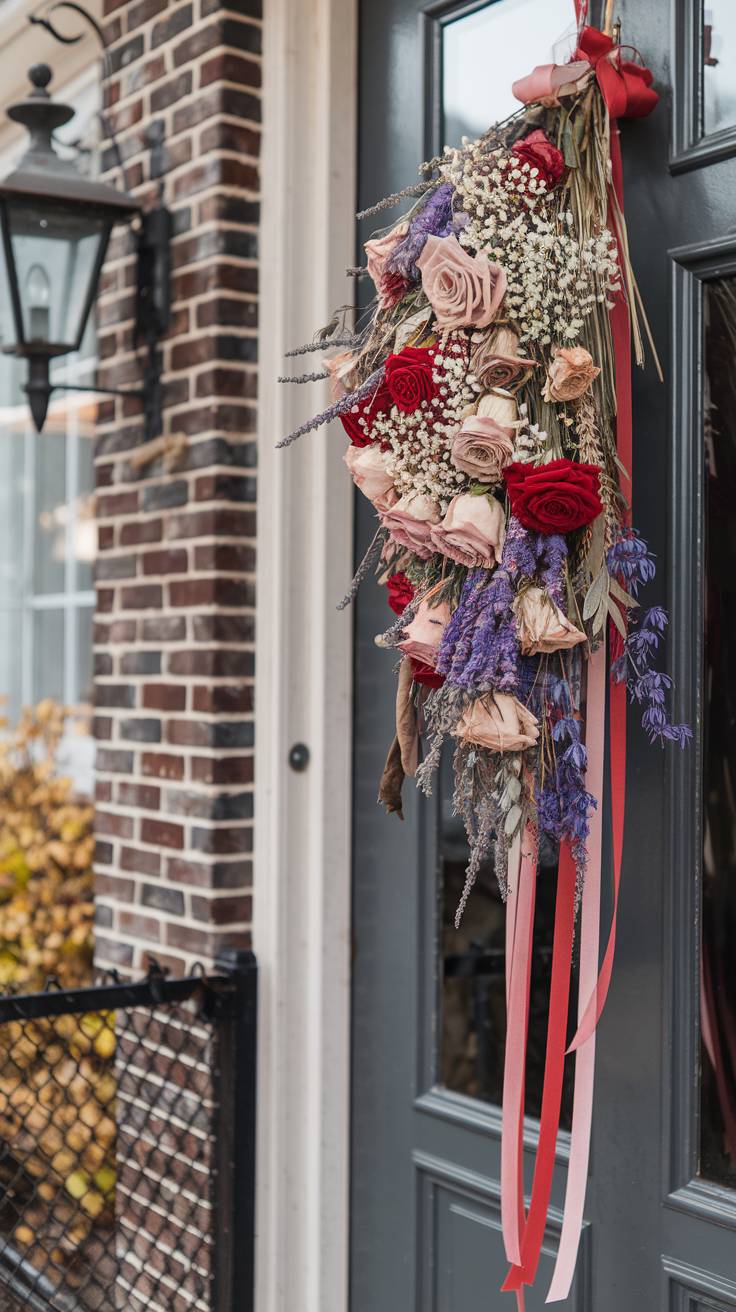 Dried Flower Swag Tied with Red and Pink Ribbons