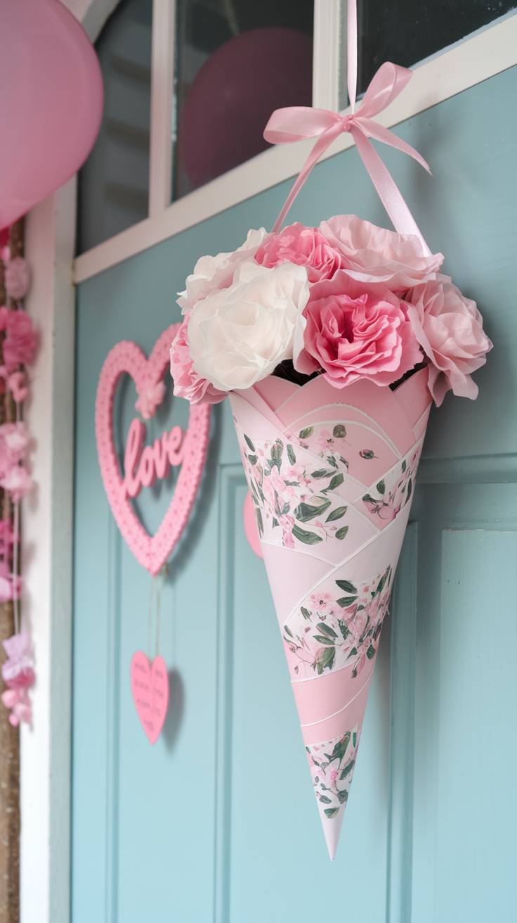 Floral Hanging Cone with Pink and White Blooms