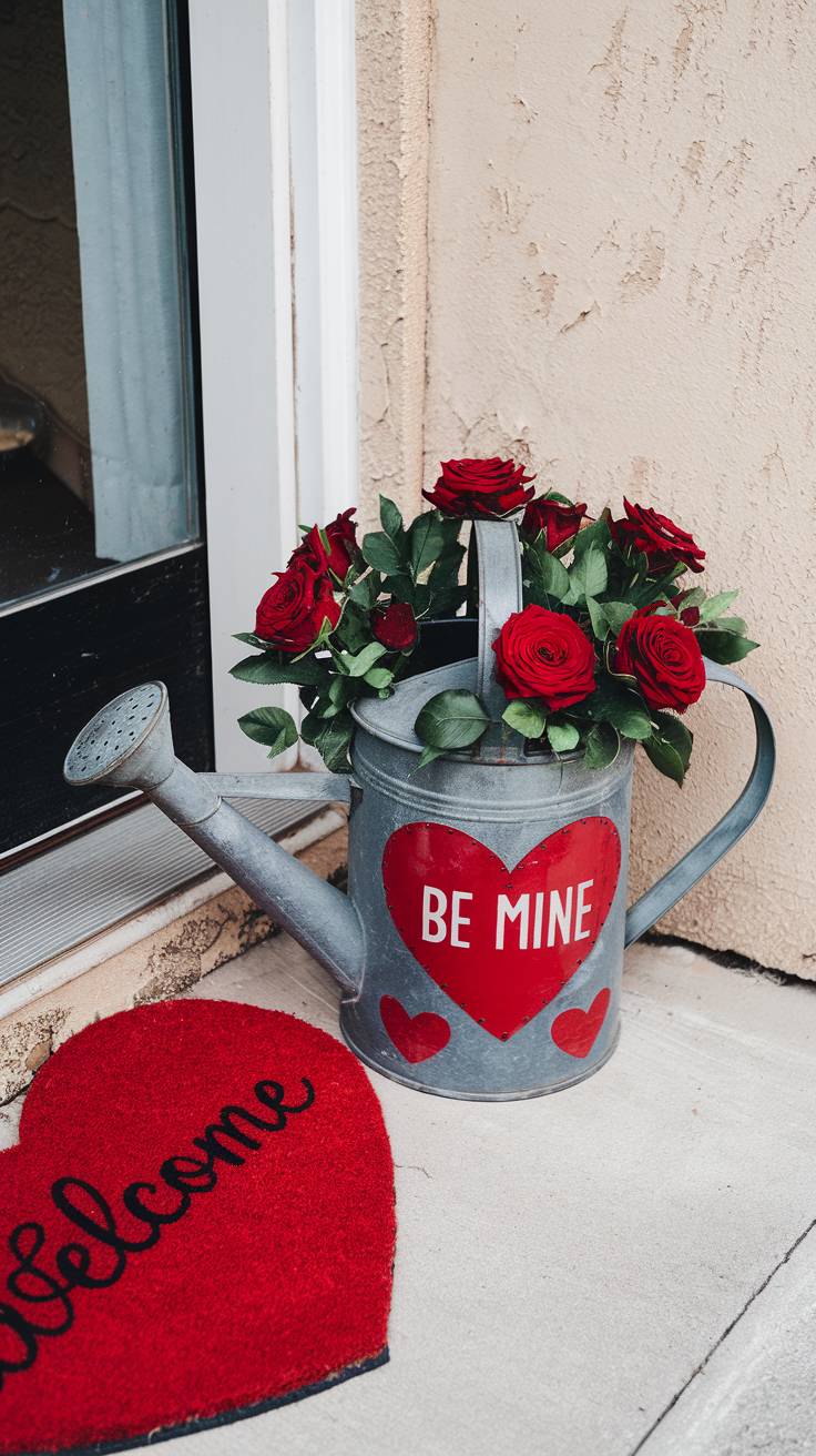 Flower-Filled Watering Can with Valentine’s Motifs