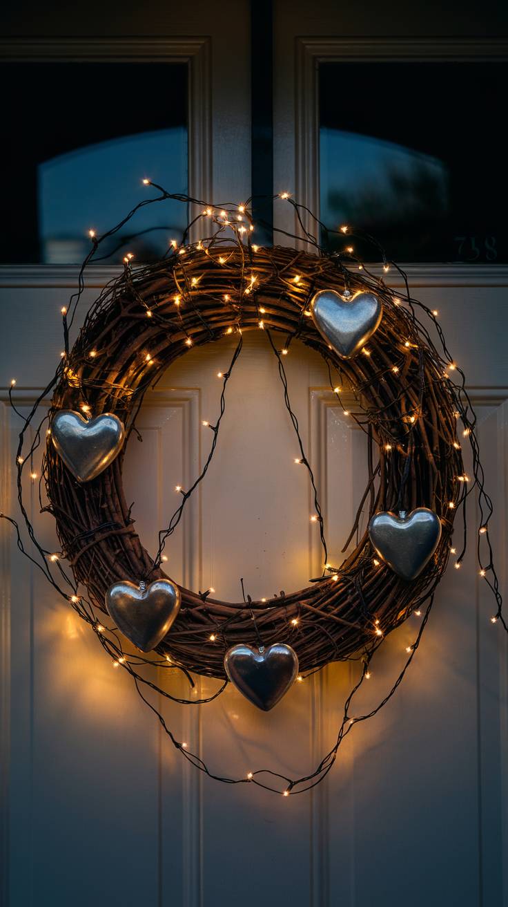 Grapevine Wreath with Fairy Lights and Heart Ornaments