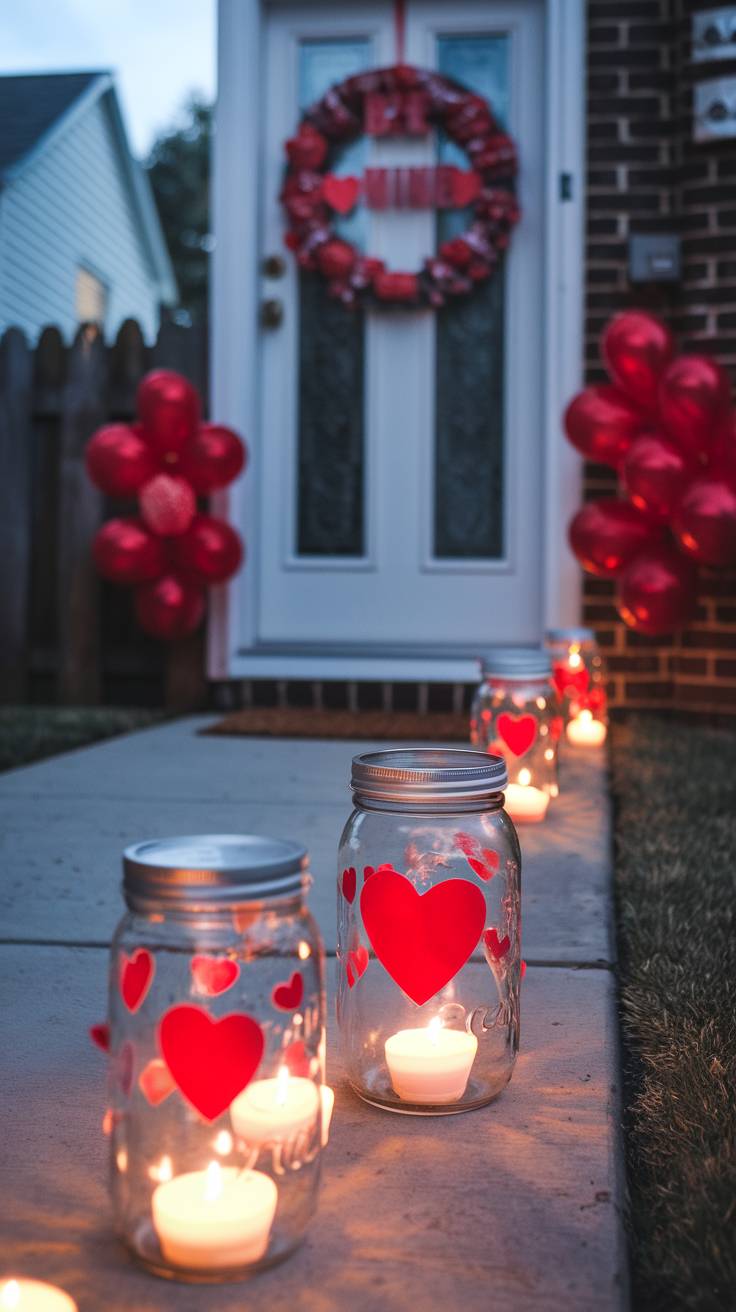 Mason Jar Lanterns with Heart Cutouts and Candles