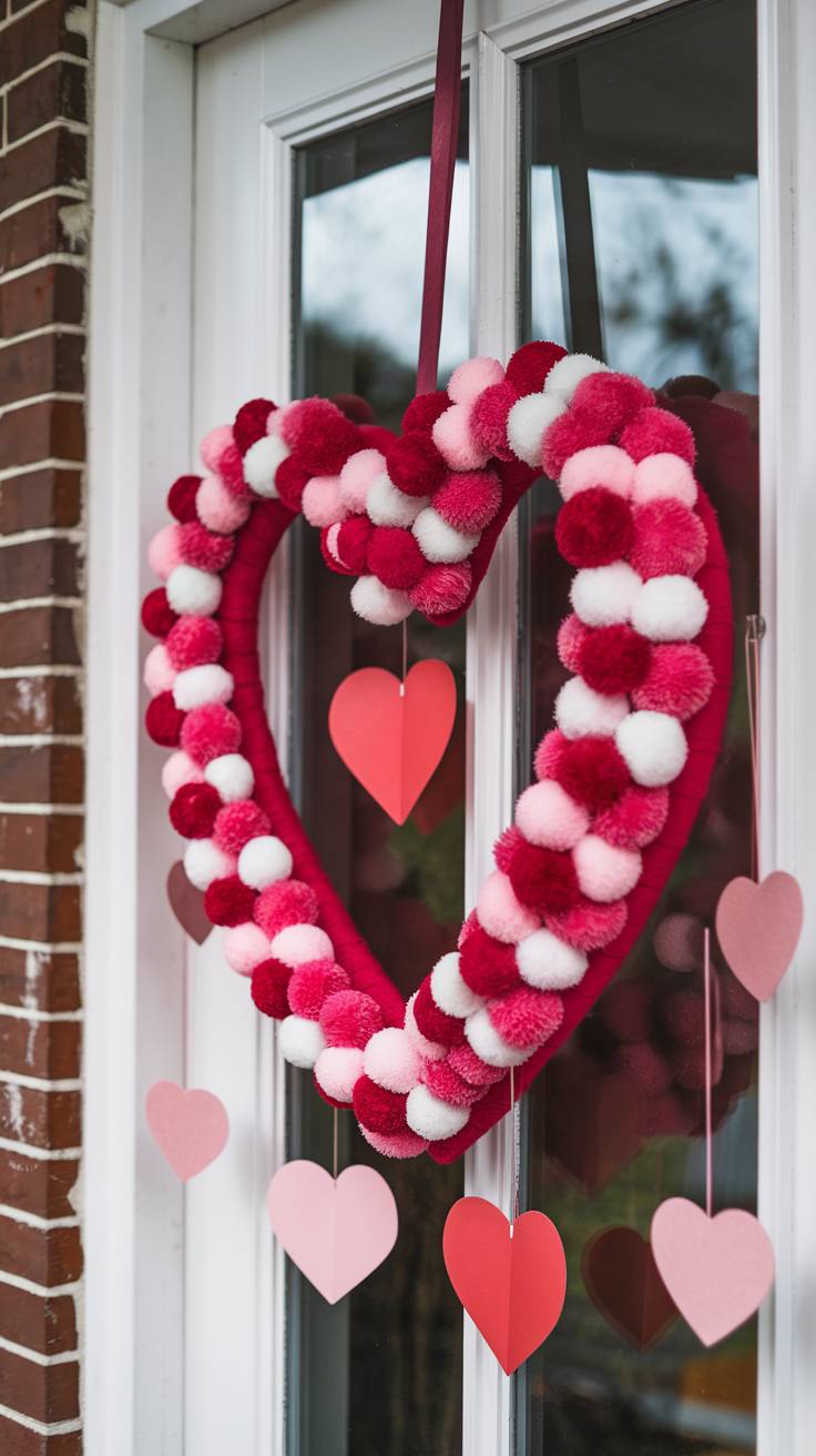 Pom Pom Heart Wreath in Shades of Red Pink and White