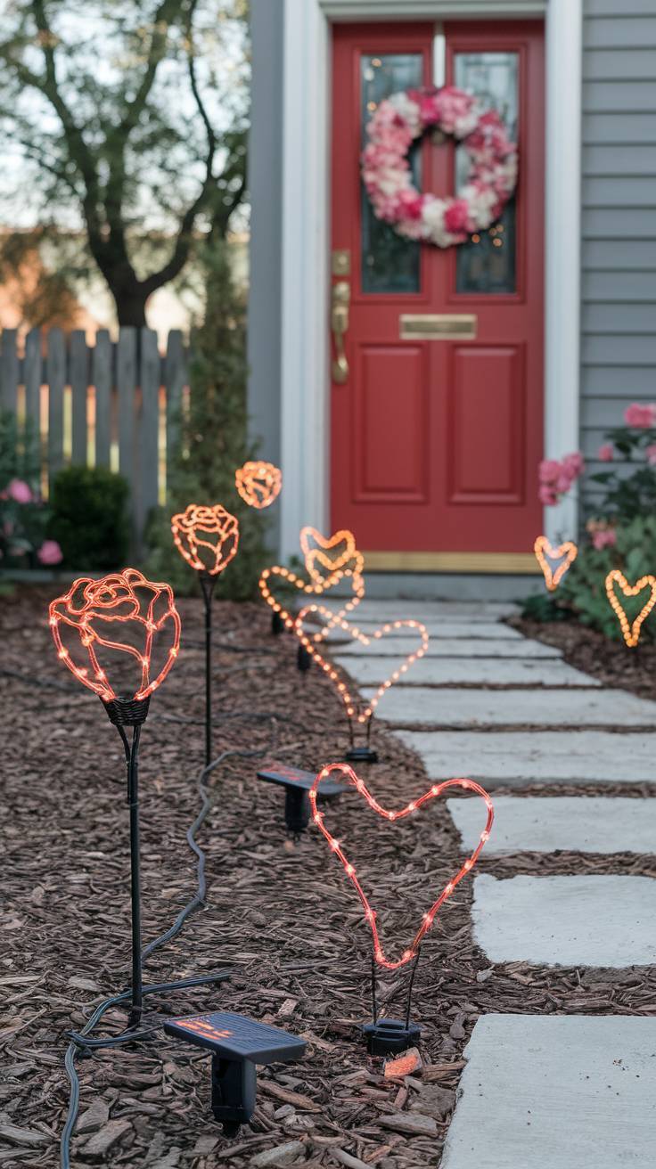 Solar Lights Shaped Like Roses or Hearts Leading to the Door