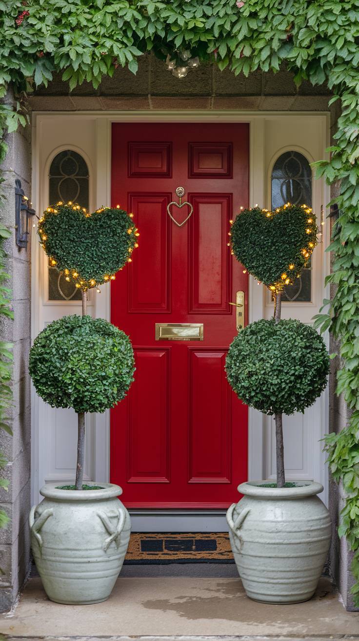 Topiary Trees Flanking the Door with Heart-Shaped Tops