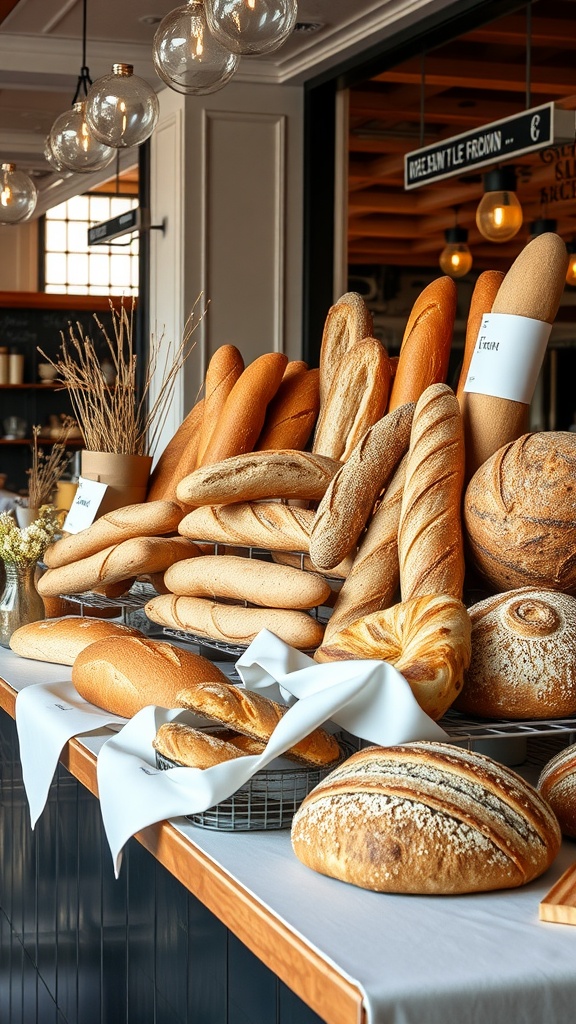 An inviting display of various artisan breads on a table, ideal for Valentine's Day decorations.