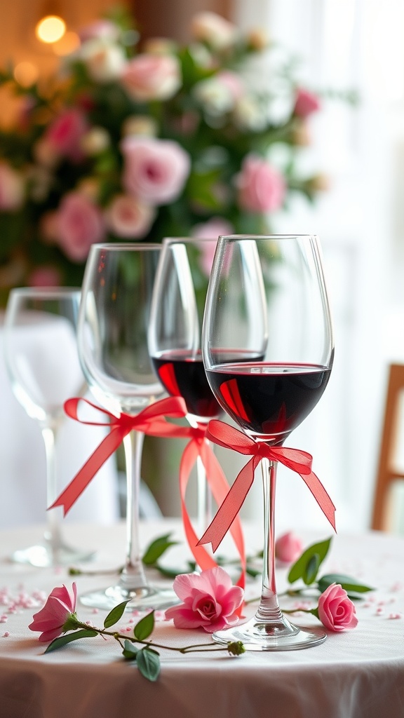 Wine glasses decorated with red ribbons on a dining table with roses in the background