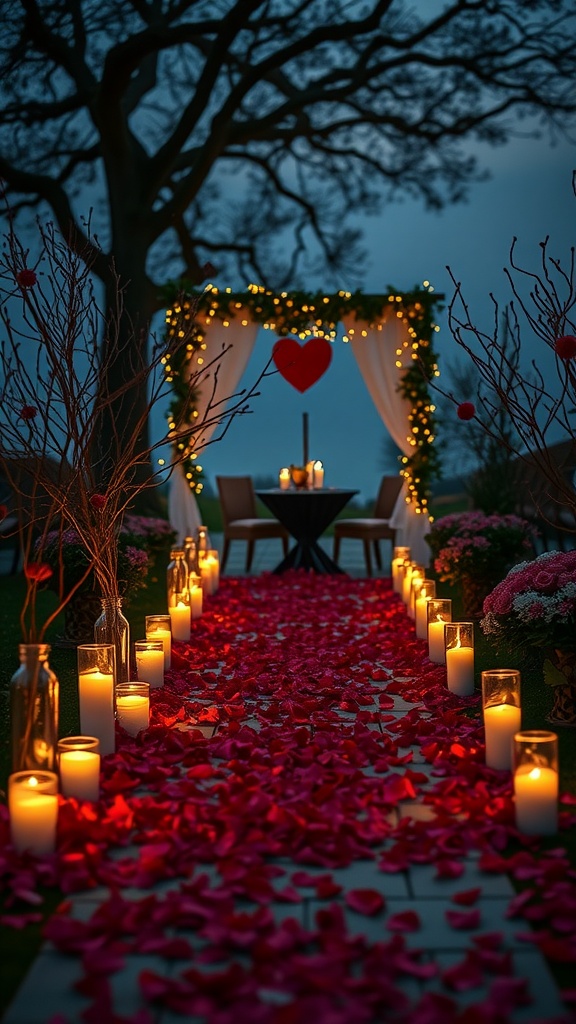 Candlelit pathway with rose petals, candles, and romantic decorations for Valentine's Day.