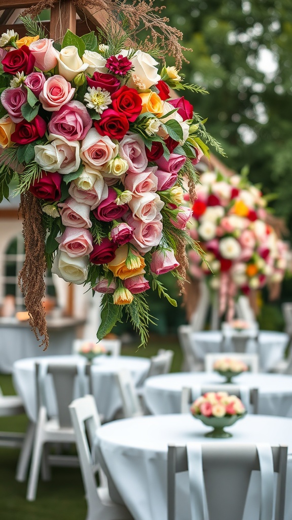 Beautiful cascading floral bouquets in pink, red, and cream hanging from a structure, with tables set for an outdoor Valentine's celebration.