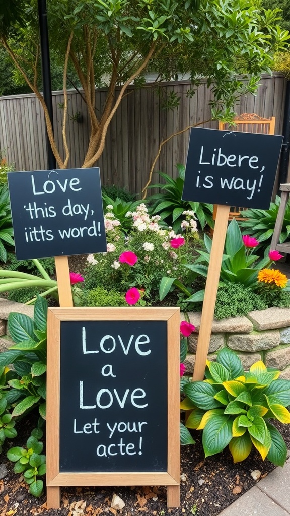 Chalkboard signs with love messages in a garden setting