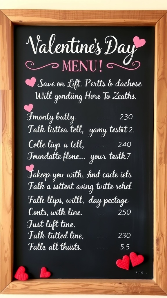 Chalkboard menu with Valentine's Day theme and love quotes