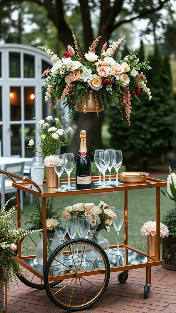 Elegant champagne cart display with flowers, champagne bottle, and glasses