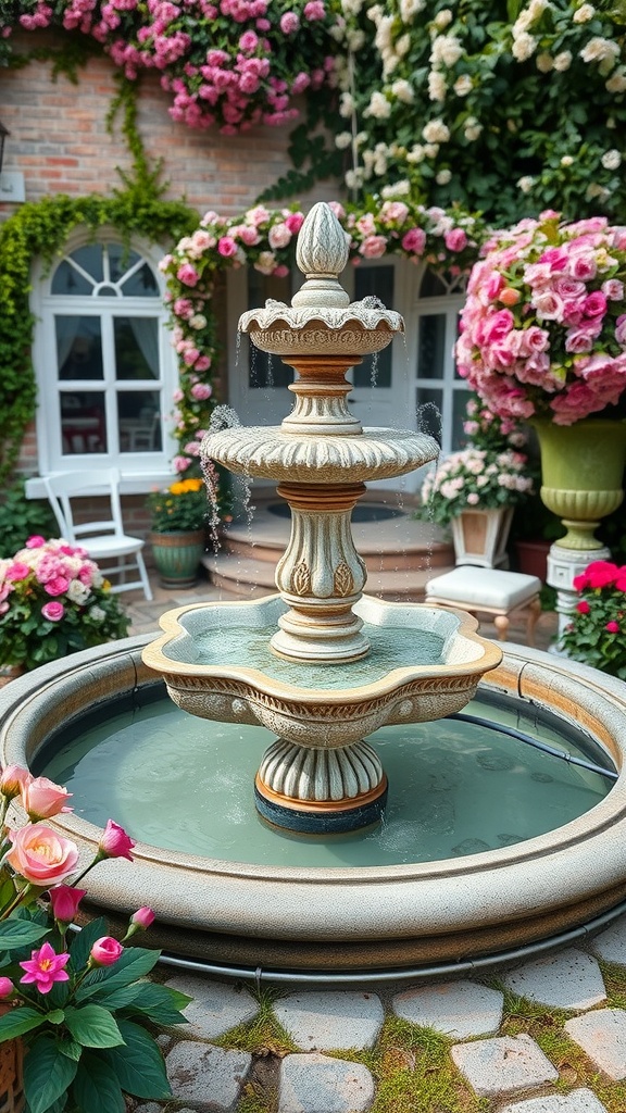 A charming garden fountain surrounded by vibrant flowers, perfect for outdoor Valentine decor.