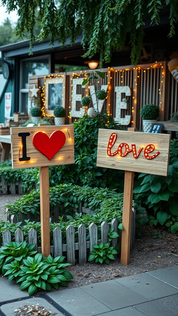 Charming outdoor signs displaying 'I ❤️ love' with bright lights, surrounded by greenery.