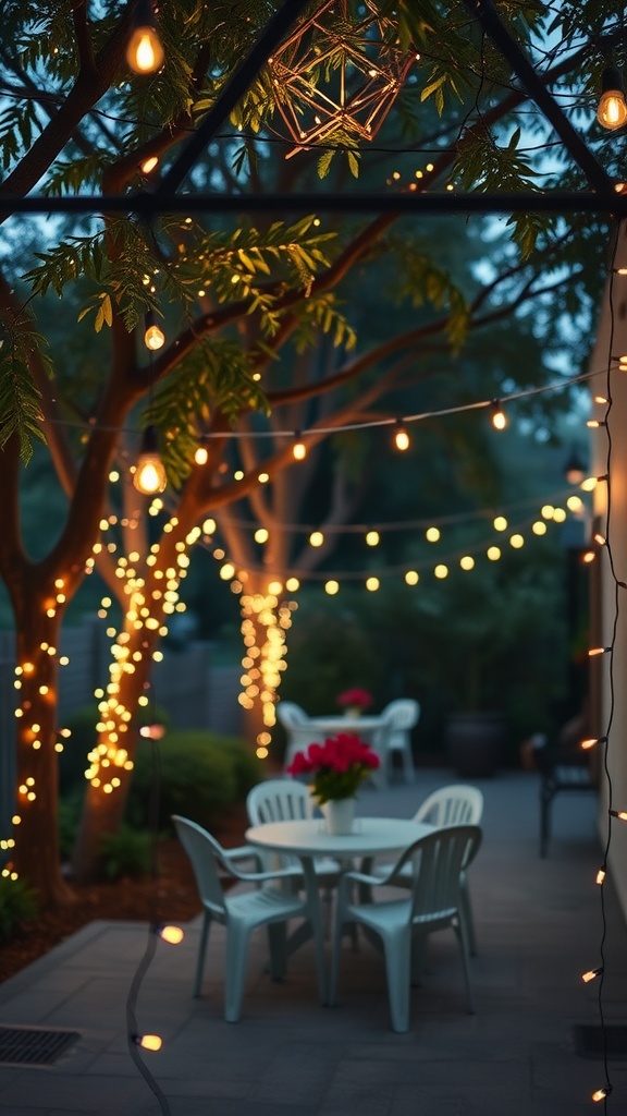 A cozy outdoor space decorated with string lights and a table with flowers, perfect for a romantic Valentine's Day setup.