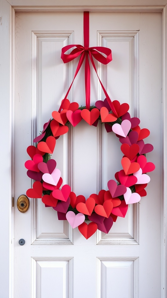 Colorful paper heart wreath hanging on a door