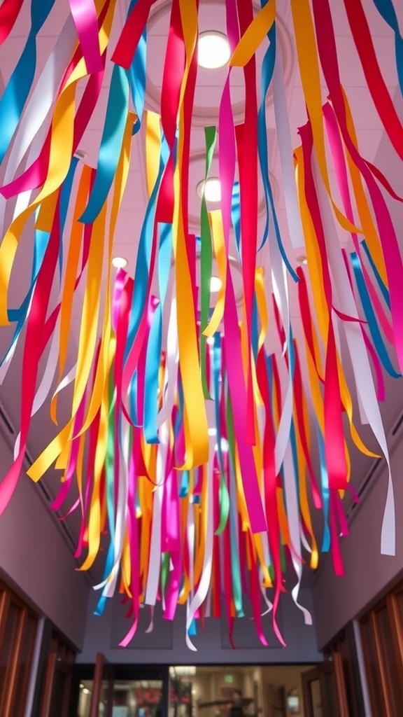 Colorful paper ribbon streamers hanging from the ceiling