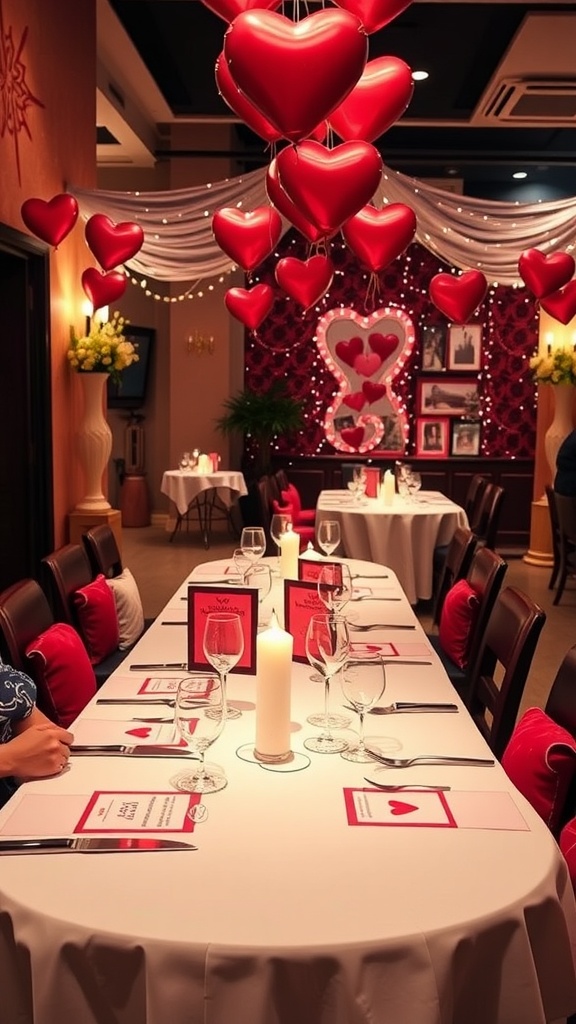 Valentine's Day restaurant decoration with a romantic table setting adorned with heart-shaped decorations and candles.