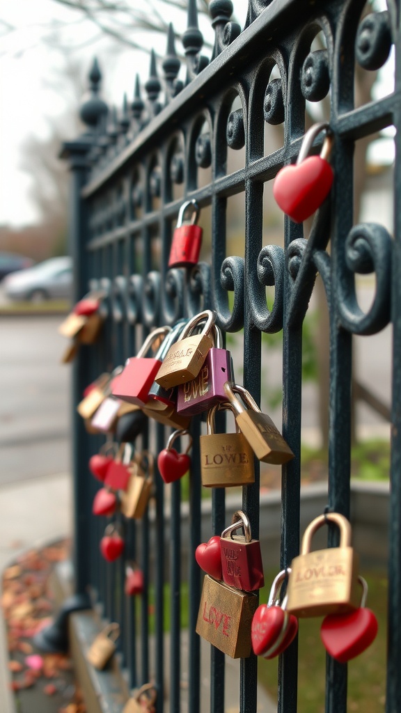 A close-up view of a black metal fence adorned with various padlocks, including heart-shaped locks, symbolizing love and commitment.