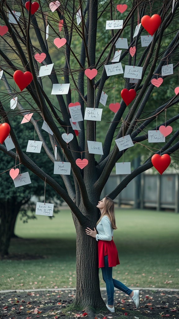 A tree decorated with red hearts and notes, with a person embracing it, symbolizing love.