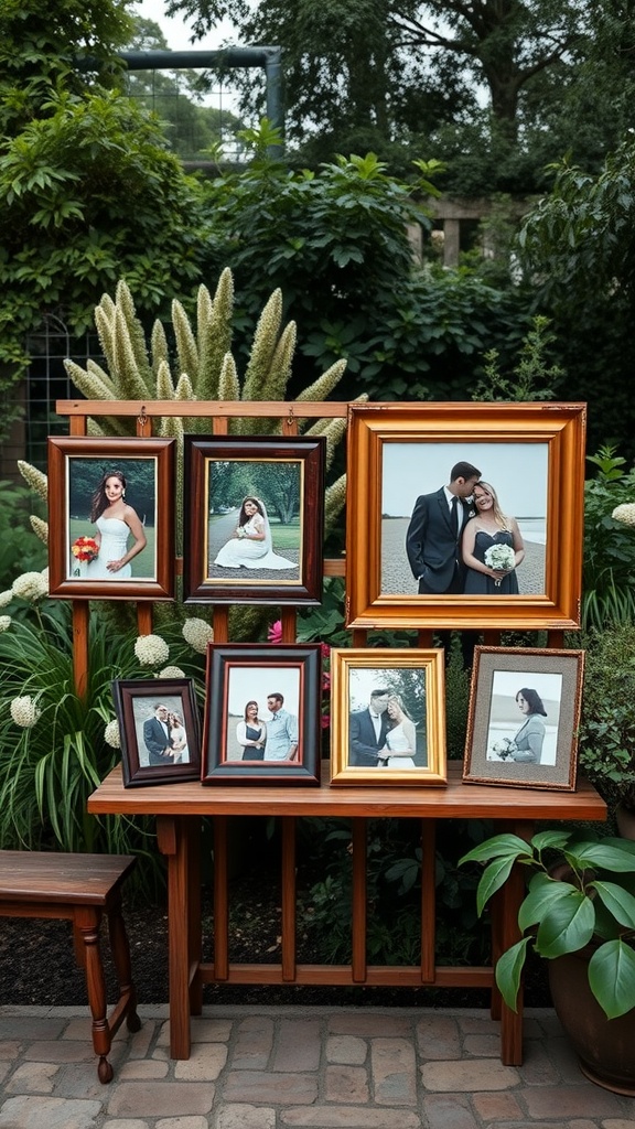 Outdoor display of framed couple's photos surrounded by greenery