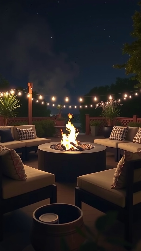 A cozy fire pit setup with chairs, string lights overhead, and a warm fire burning brightly.