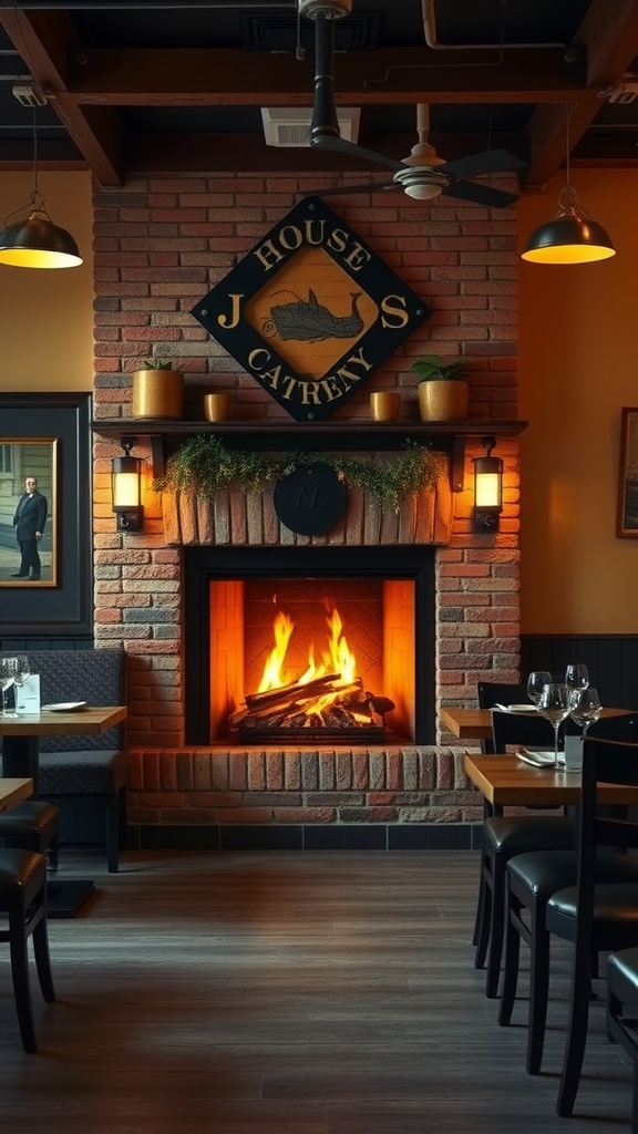 Cozy restaurant fireplace with warm flames and elegant decor.