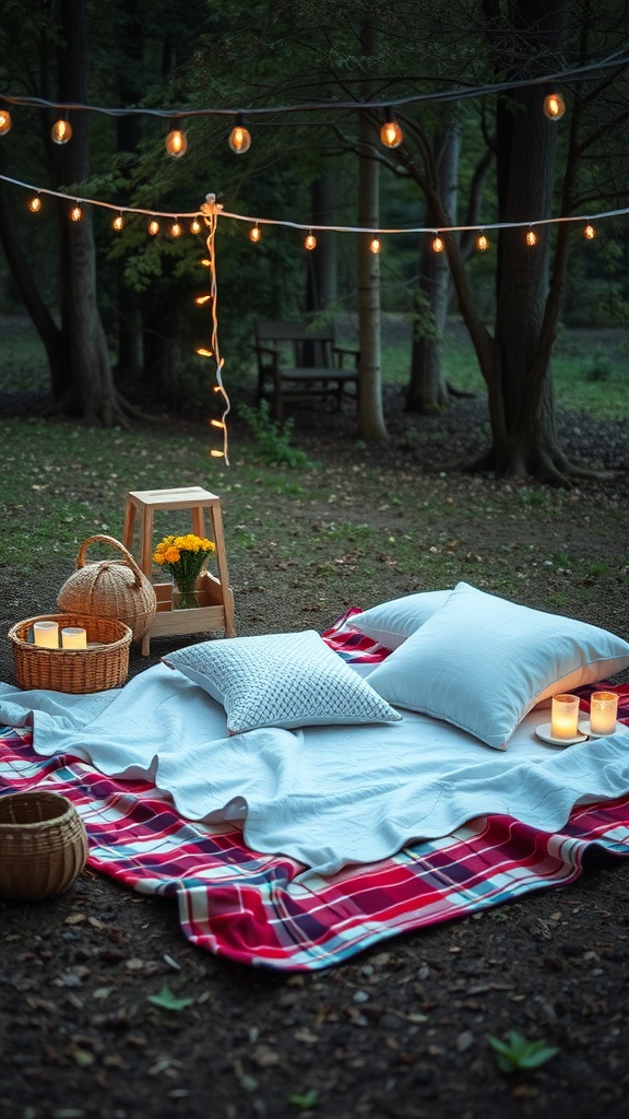 Cozy picnic setup with a blanket, pillows, candles, and fairy lights in a wooded area.