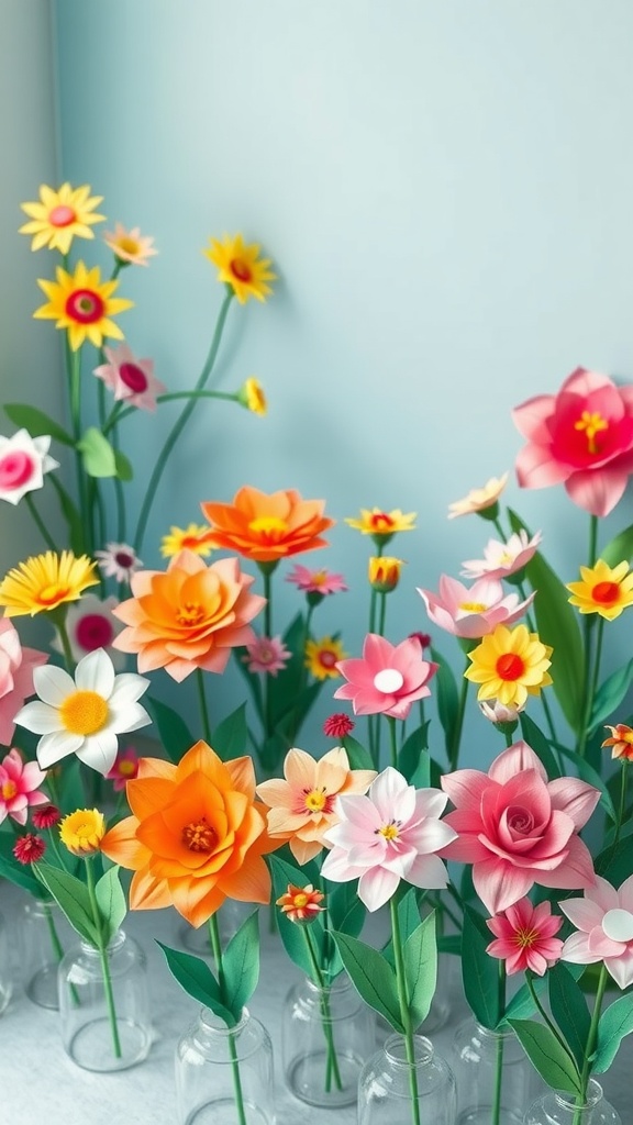 Colorful paper flower bouquets in glass bottles