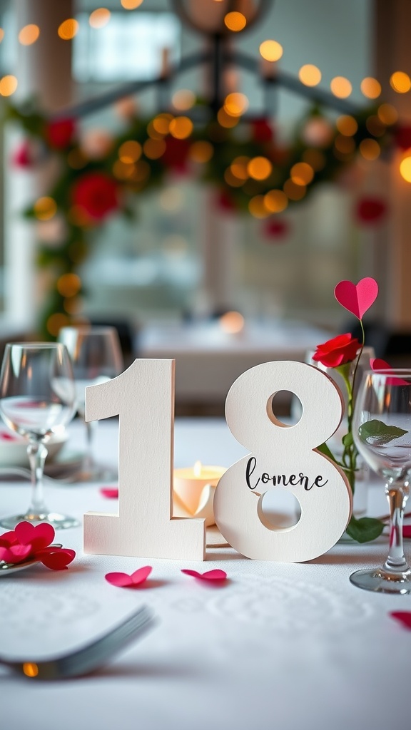 A creative paper table number displaying the number 18, surrounded by decorative hearts and a romantic setting.