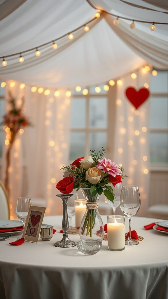 A beautifully decorated table for Valentine's Day with flowers, candles, and romantic details.