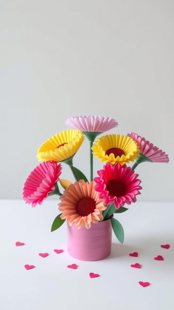 Colorful cupcake liner flowers in a pink pot with small heart decorations around them.