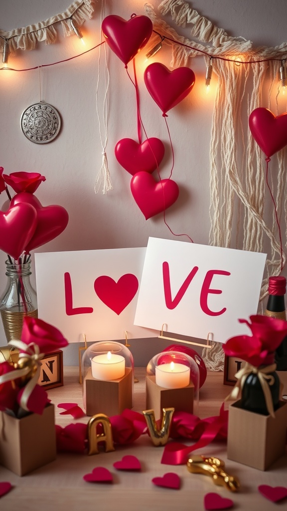 Decorative Valentine's Day setup with heart-themed decorations and candles.