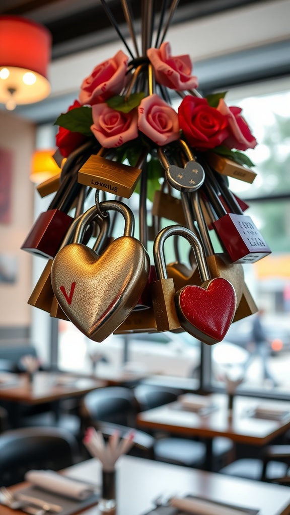 A display of heart-shaped love locks with messages, symbolizing love and commitment.